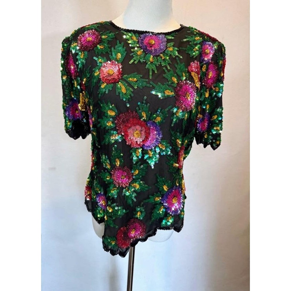 Laurence Kazar Beaded Top Womens‎ Size PM Silk Floral Vintage Zip Up - Picture 14 of 15